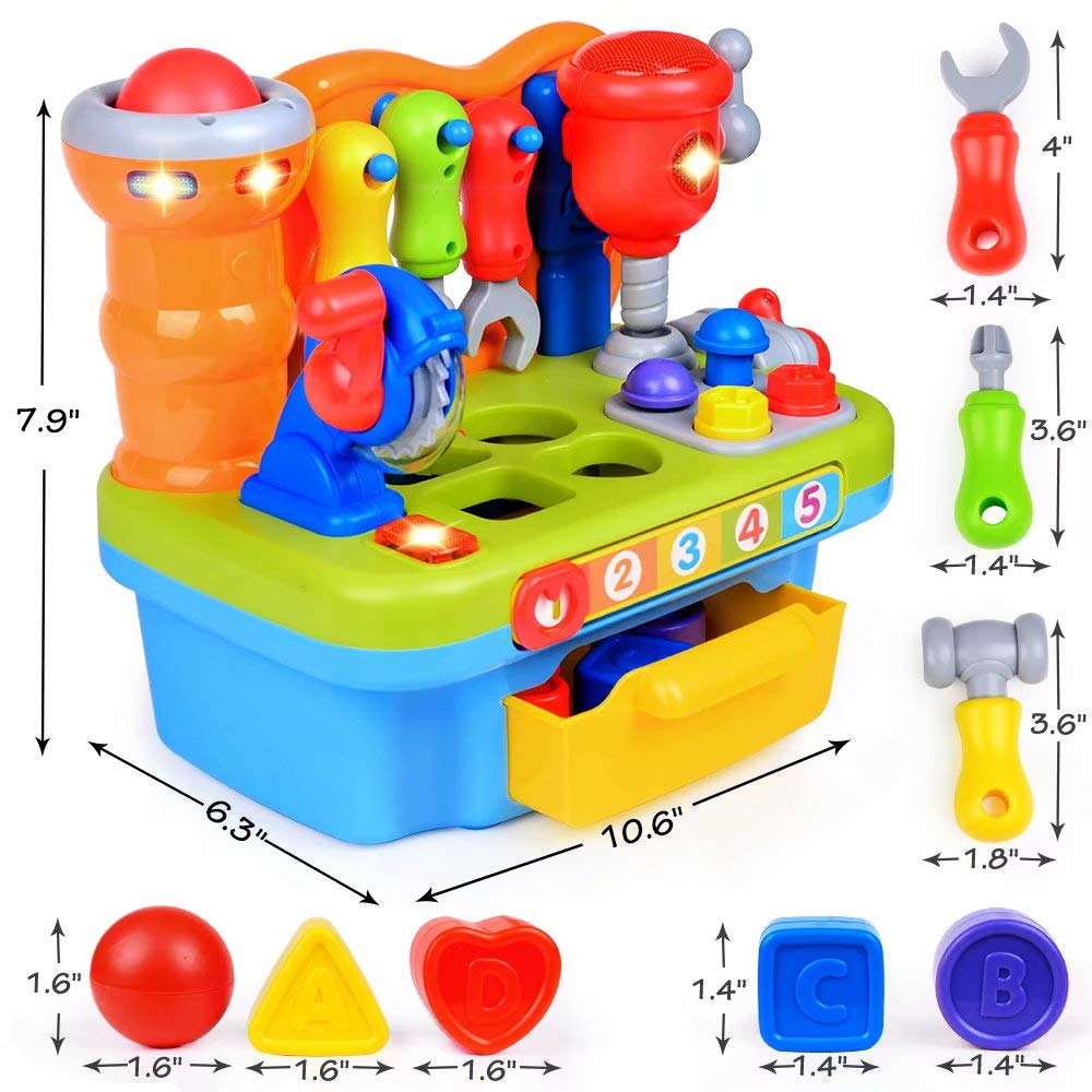 ORWINE Musical Learning Workbench Toddler Toys for Boys Girls Kid Baby Early Education Toys for 1 2 3 4 Years Old Construction Workbench Pretend Play Sound Effect Light Shape Sorter Tool Birthday Gift