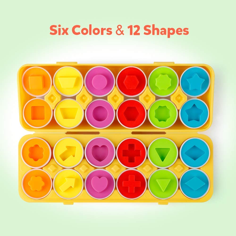 Coogam Matching Eggs 12 pcs Set Color & Shape Recoginition Sorter Puzzle for Easter Travel Bingo Game Early Learning Educational Fine Motor Skill Montessori Gift for Year Old Kids