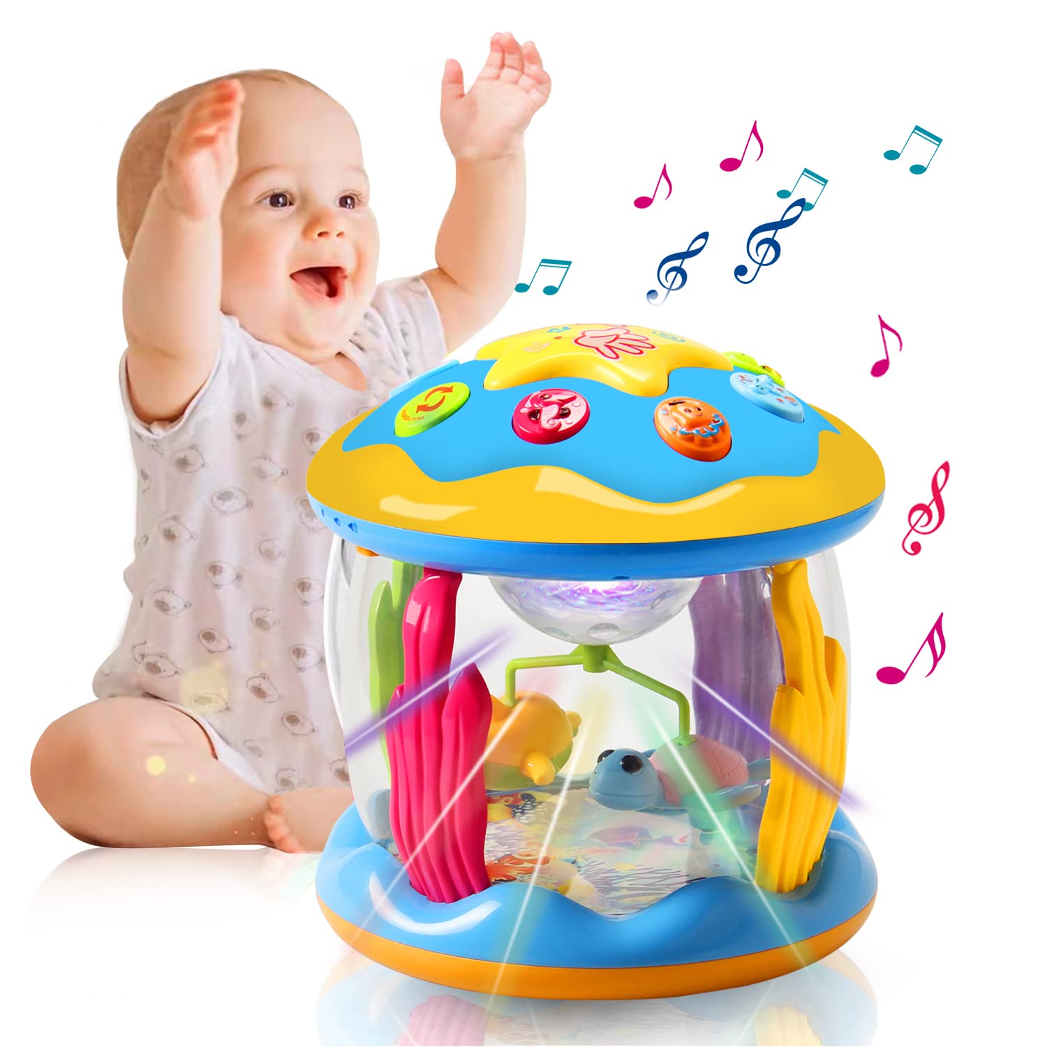 Furktem Baby Toys 6 to 12 Months Ocean Rotating Projector - Early Education Toys 12-18 Months with Various Pacify Music/Light Kids Toddler Toys for 1 2 3+ Year Old Boys Girls Birthday
