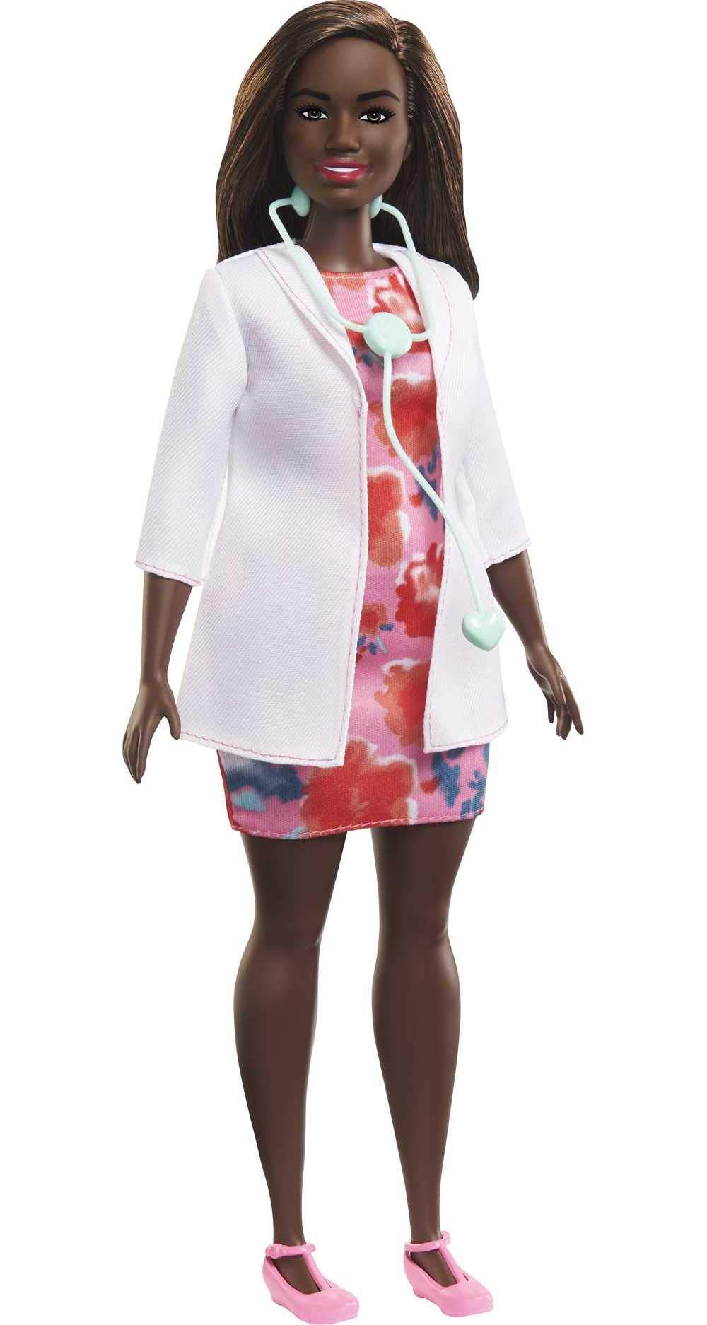 Barbie Doctor Doll (12-in/30.40-cm), Brunette Hair, Curvy Shape, Doctor Coat, Print Dress, Stethoscope Accessory, Great Toy Gift for Ages 3 Years Old & Up , White