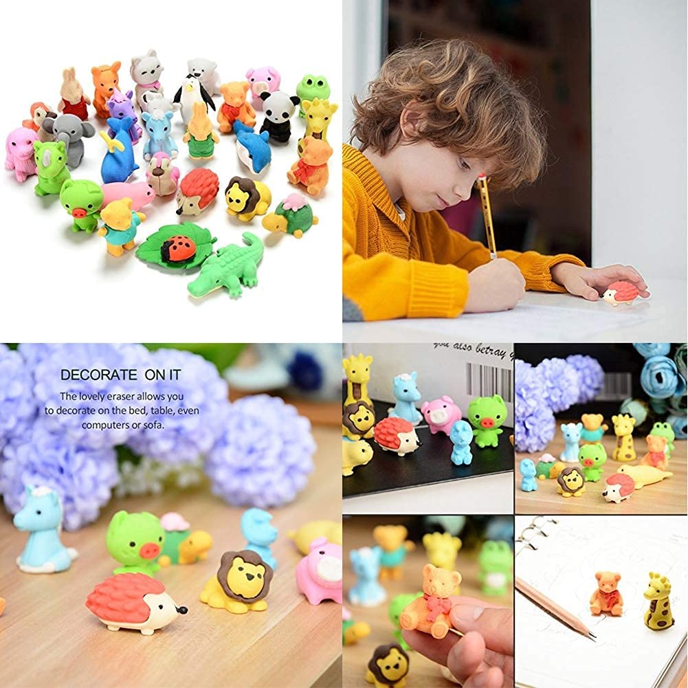 URSKYTOUS 60Pcs Animal Pencil Erasers Bulk Kids Japanese Come Apart Puzzle Eraser Toys for Party Favors, Classroom Prizes, Carnival Gifts and School Supplies(Random Designs)