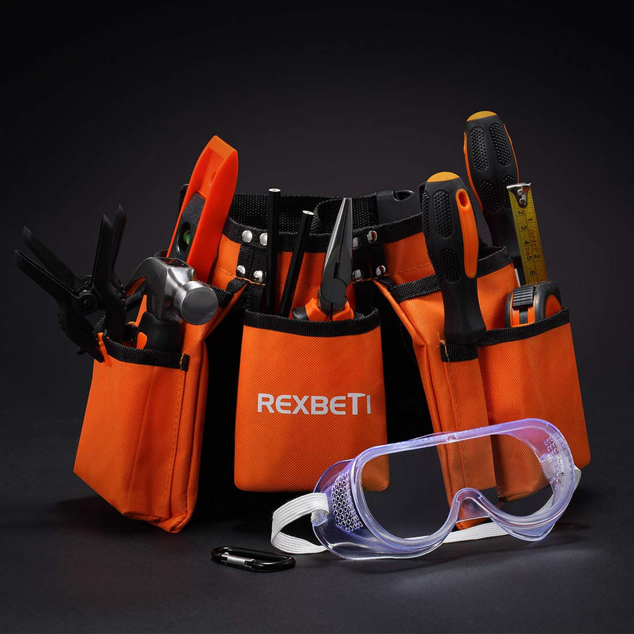REXBETI 15pcs Young Builder's Tool Set with Real Hand Tools, Reinforced Kids Tool Belt, Waist 20"-32", Kids Learning Tool Kit for Home DIY and Woodworking