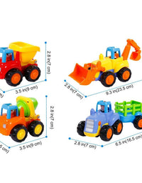 Friction Powered Cars, Push and Go Toy Trucks Construction Vehicles Toys Set for 1-3 Year Old Baby Toddlers- Dump Truck, Cement Mixer, Bulldozer, Tractor, Early Educational Cartoon ( Set of 4)
