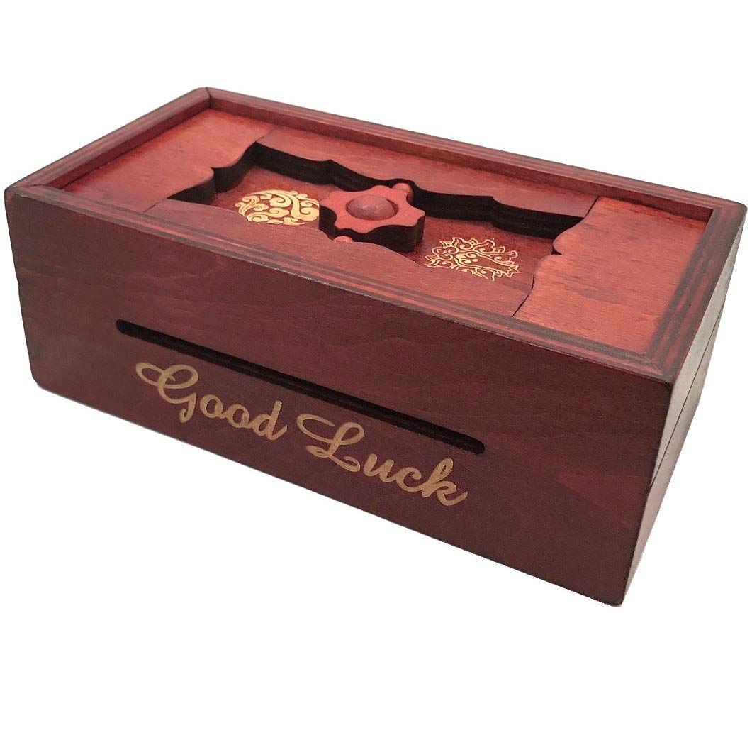 Good Luck Puzzle Box Secret - Money and Gift Card Holder in a Wooden Magic Trick Lock with Hidden Compartment Piggy Bank Brain Teaser Game