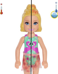 Barbie Chelsea Color Reveal Doll with 6 Surprises: 4 Bags with Cover-Up, Shoes, Towel & Accessory; Water Reveals Marble Blue Doll’s Look & Color Change on Hair; Sand & Sun Series
