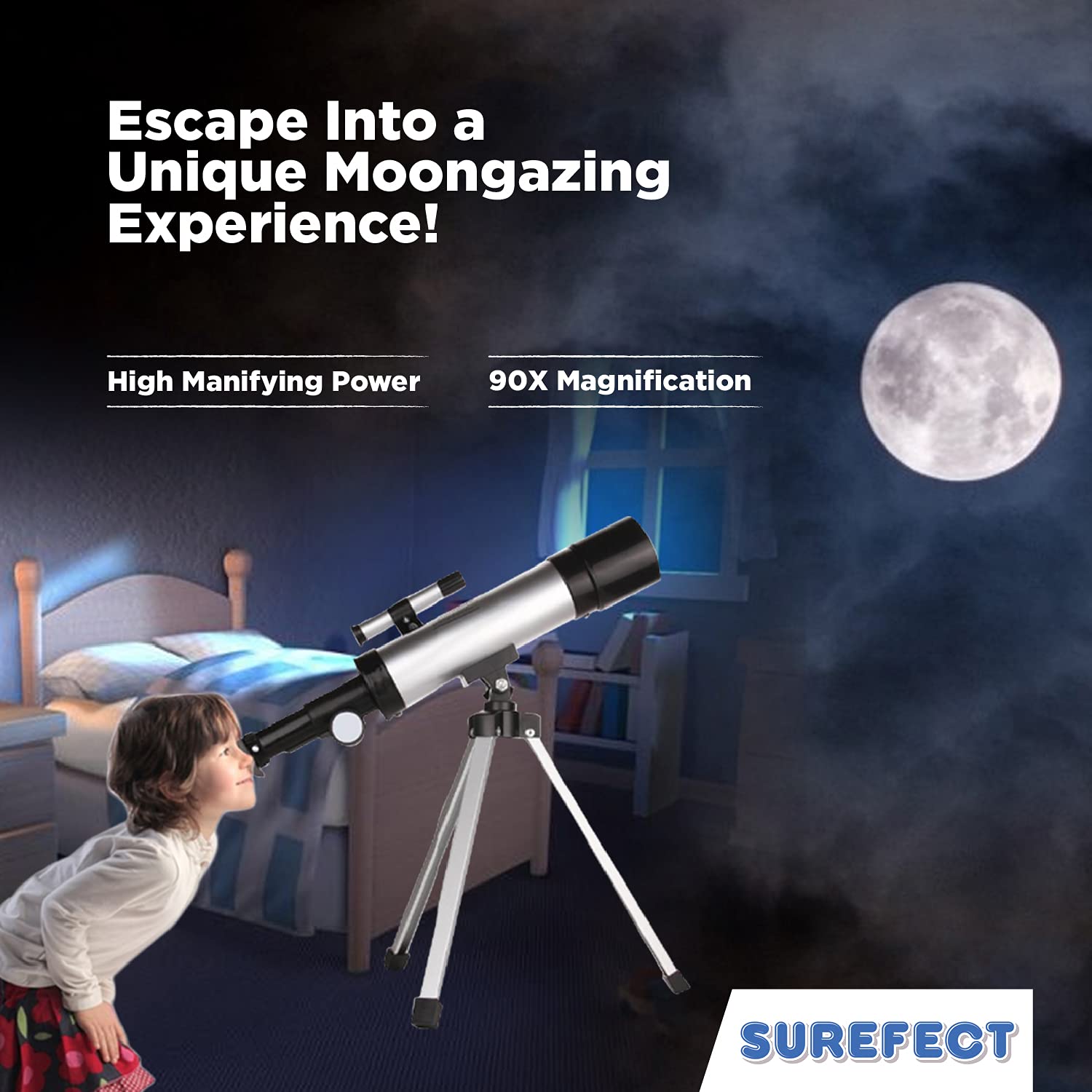 Surefect Nasa Lunar Telescope for Kids Capable of 90x Magnification, Includes 2 Eyepieces - Portable & Easy To Use Lightweight Portable Telescope