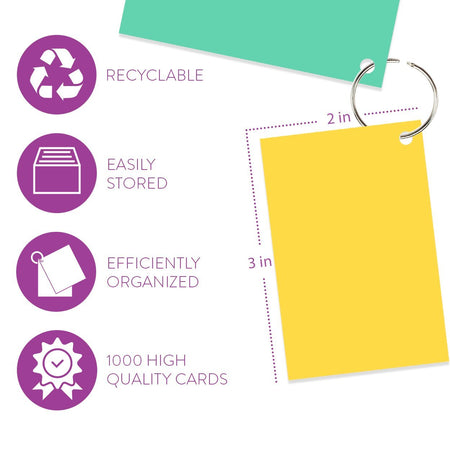 Star Right Blank Flashcards in Assorted Colors - 1000 Hole-Punched Cards with 5 Metal Sorting Rings - for School, Learning, Memory, Recipe Cards, and More