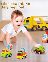 TEMI Construction Truck Toys for 1 2 3 4 5 6 Year Old Boys, 5-in-1 Friction Power Toy Vehicle in Carrier Truck, Toddler Toys Car for Boys for Kids Aged 3+
