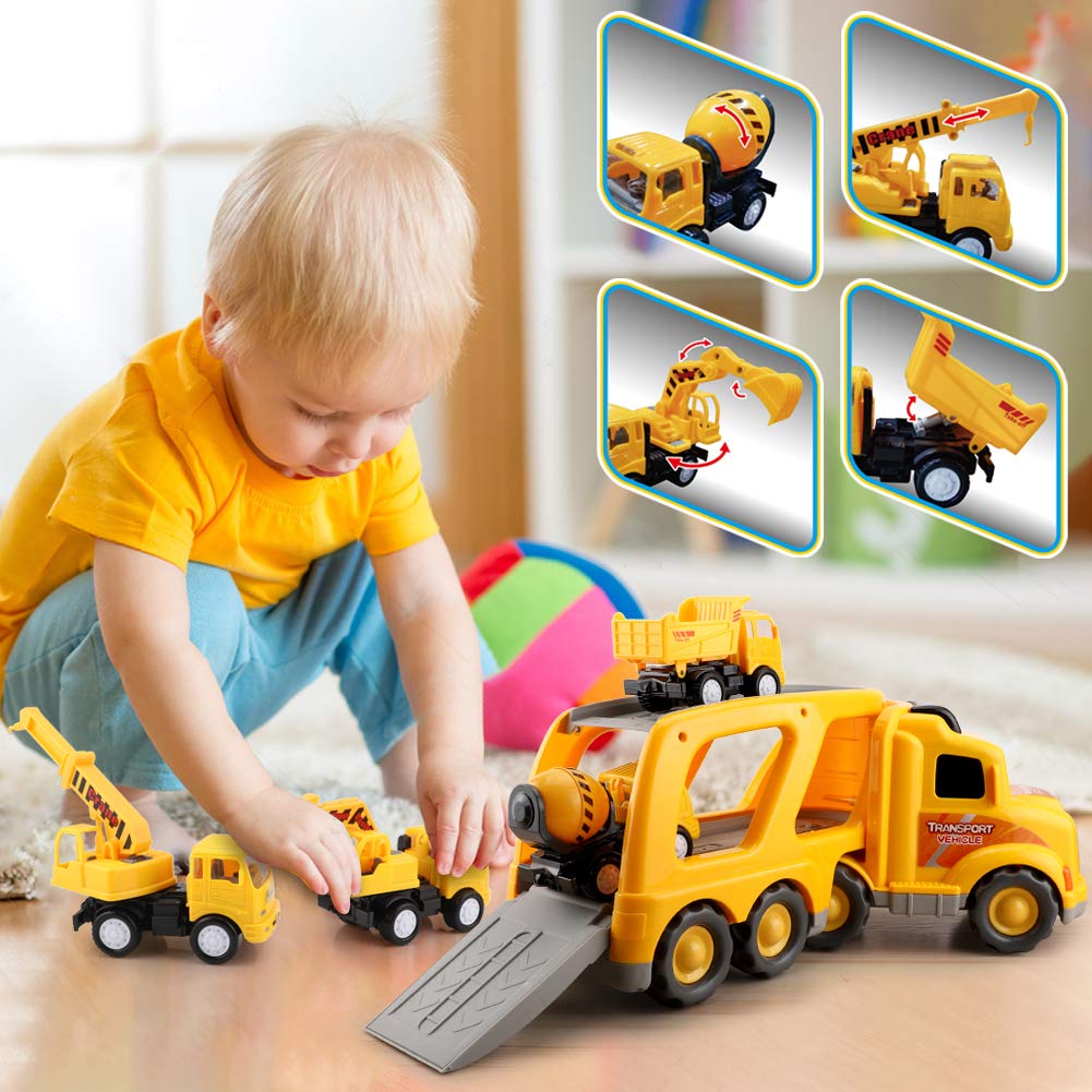 Construction Truck Toys for 3 4 5 6 Years Old Toddlers Kids Boys and Girls, Car Toy Set with Sound and Light, Play Vehicles in Friction Powered Carrier Truck, Small Crane Mixer Dump Excavator Toy