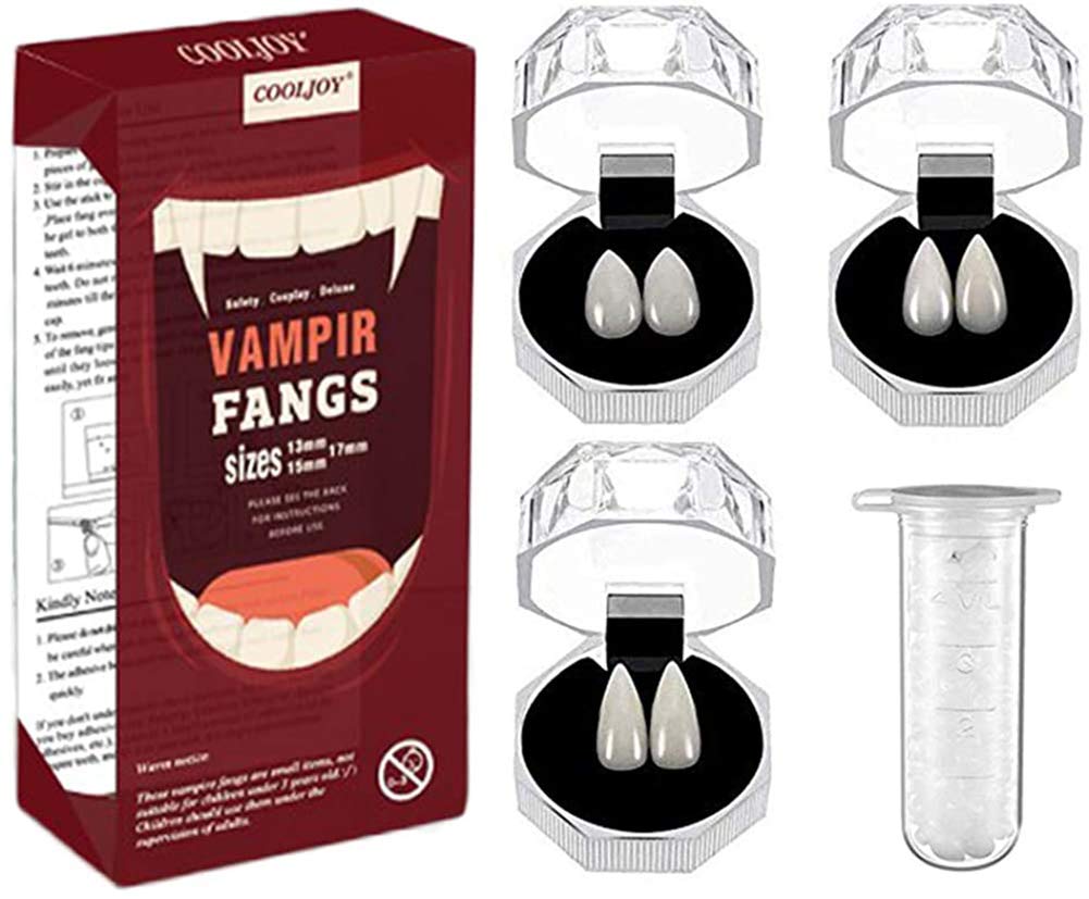 COOLJOY 3 Sizes Vampire Fangs Teeth with Adhesive Halloween Party Cosplay Props White Horror False Teeth Props Party Favors Dress Up Accessories