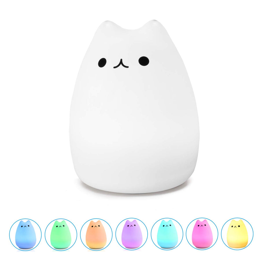 WoneNice Portable Cute Cat Silicone LED Night Lamp,USB Rechargeable Children Night Light with Warm White & 7-Color Breathing Modes, Touch Sensor Control, Christmas Gifts for Baby, Kids, Adults