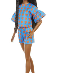 Barbie Fashionistas Doll # 172 , Heart Print Matching Top & Shorts & Twisted Hairstyle Toy for Kids 3 to 8 Years Old
