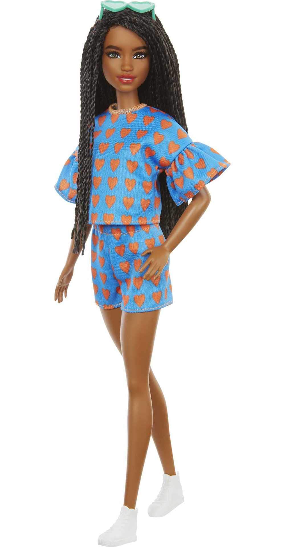 Barbie Fashionistas Doll # 172 , Heart Print Matching Top & Shorts & Twisted Hairstyle Toy for Kids 3 to 8 Years Old