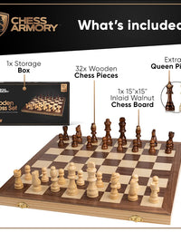 Chess Armory Chess Set 15" x 15"- Inlaid Walnut Wooden Chess Set with Folding Chess Board, Staunton Chess Pieces, & Storage Box - Chess Set Wood Board Game
