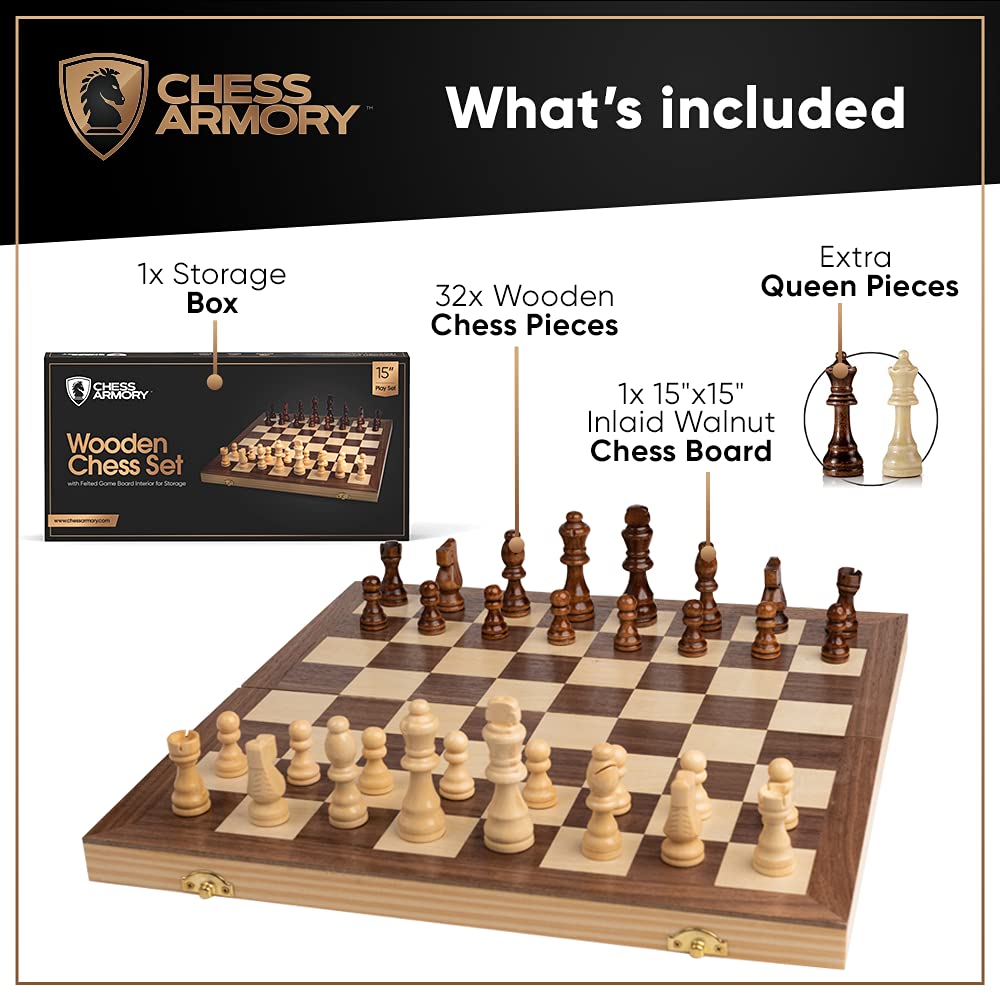 Chess Armory Chess Set 15" x 15"- Inlaid Walnut Wooden Chess Set with Folding Chess Board, Staunton Chess Pieces, & Storage Box - Chess Set Wood Board Game