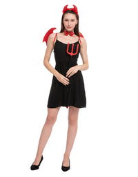 Spooktacular Creations 5 Pieces Halloween Devil Costume Set with Red Devil Wings, Devil Pitchfork, Bow Tie, Sequin Devil Horn Headband, and Devil Tail Demon Costume Accessories for Cosplay Party
