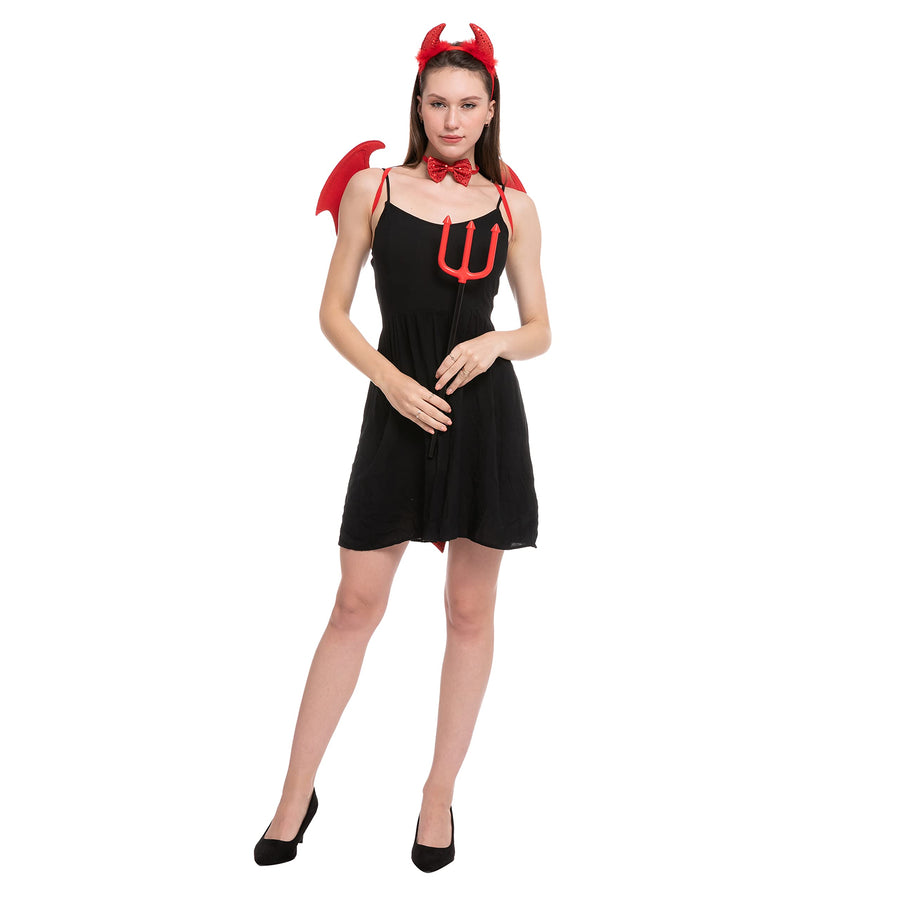 Spooktacular Creations 5 Pieces Halloween Devil Costume Set with Red Devil Wings, Devil Pitchfork, Bow Tie, Sequin Devil Horn Headband, and Devil Tail Demon Costume Accessories for Cosplay Party