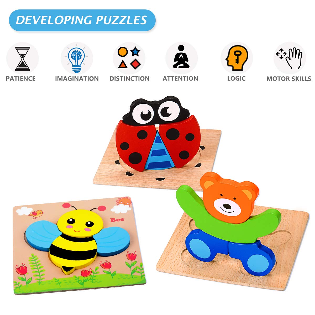MAGIFIRE Wooden Toddler Puzzles Gifts Toys for 1 2 3 Year Old Boys Girls Baby Infant Kid Learning Educational 6 Animal Shape Jigsaw Eco Friendly Child Kid Montessori Stem Travel Toy