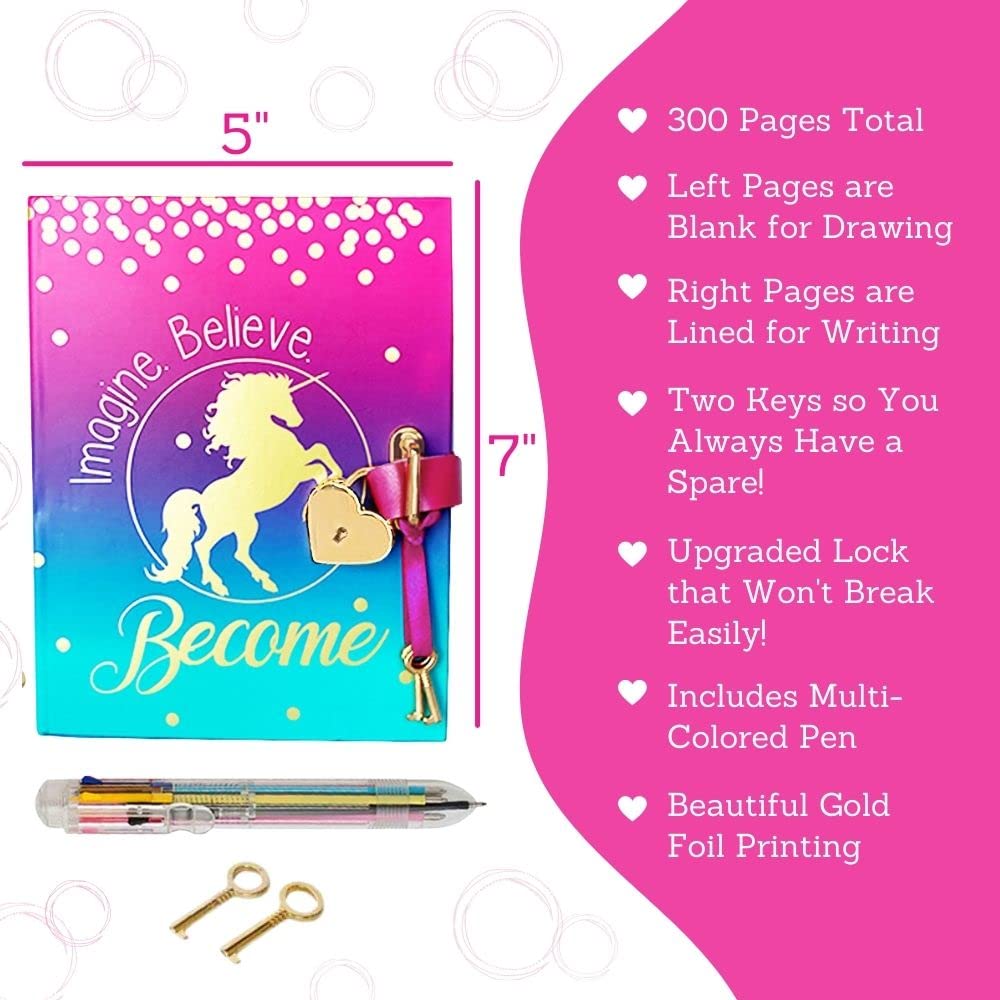 Diary with Lock for Girls - Unicorn Journal with Upgraded Lock and Keys, Notebook Pages for Secret Writing , Blank Pages for Drawing, Multicolor Pen and Bookmark Included