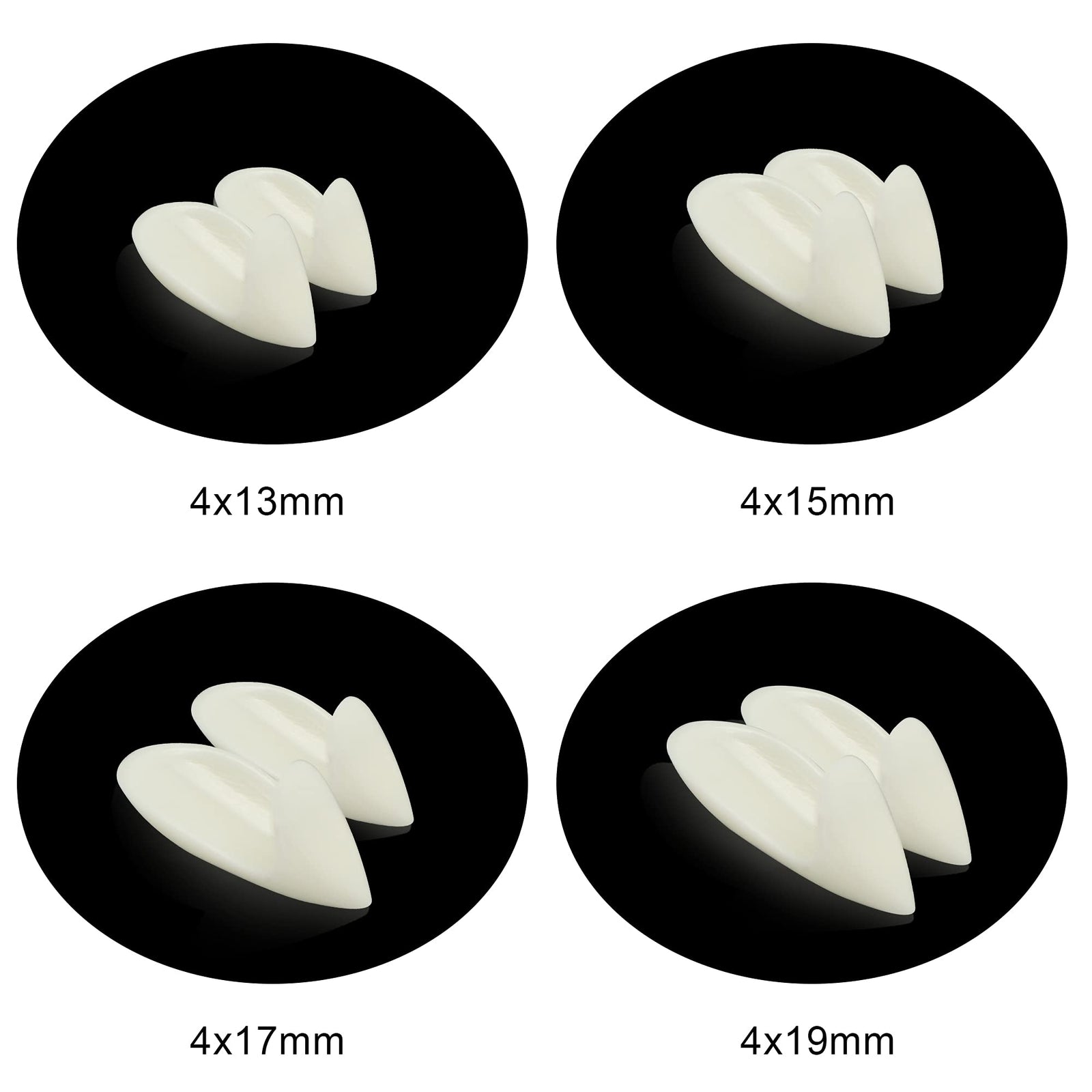 16 Pairs Vampire Fangs fake Teeth 4 sizes for Halloween Cosplay kids and adults Prop Decoration Vampire Tooth White Horror 13mm, 15mm, 17mm, 19mm False Teeth - 4 Sizes Dress Up Accessories