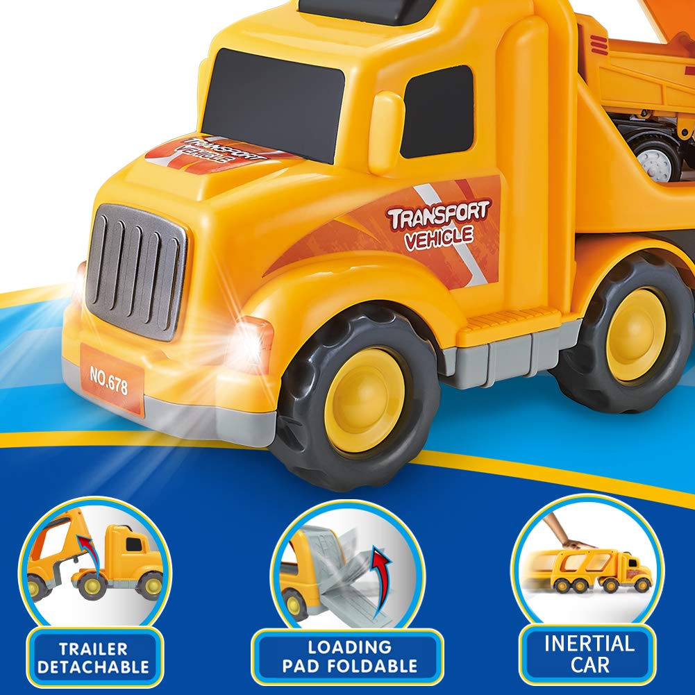 Construction Truck Toys for 3 4 5 6 Years Old Toddlers Kids Boys and Girls, Car Toy Set with Sound and Light, Play Vehicles in Friction Powered Carrier Truck, Small Crane Mixer Dump Excavator Toy