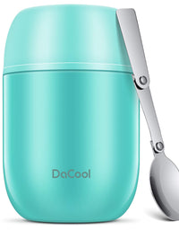 DaCool Insulated Lunch Container Hot Food Jar 16 oz Stainless Steel Vacuum Bento Lunch Box for Kids Adult with Spoon Leak Proof Hot Cold Food for School Office Picnic Travel Outdoors - Cyan Blue
