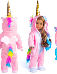 Sweet Dolly Doll Clothes Unicorn Costume Onesie Pajamas Rainbow Color Hair Bow Clips Fits 18 Inch American Girl Doll
