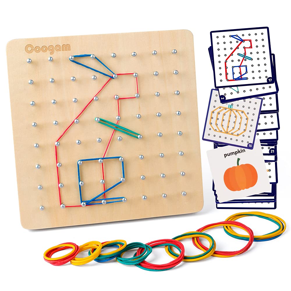 Coogam Wooden Geoboard Mathematical Manipulative Material Array Block Geo Board – Graphical Educational Toys with 30Pcs Pattern Cards and Latex Bands Shape STEM Puzzle Matrix 8x8 Brain Teaser for Kid
