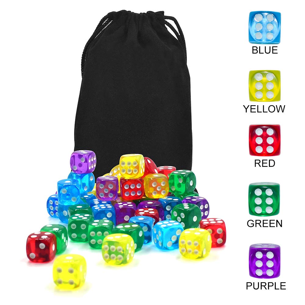 50 of Pack 14MM 6 Sided Dice Set Translucent Colors Dice, with Black Pouch for Board Game