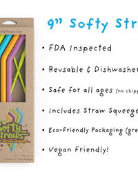 Softy Straws Premium Reusable Silicone Drinking Straws + Patented Straw Squeegee - 9” Long With Curved Bend for 20/30oz Tumblers - BPA Free (Non-Rubber), Flexible, Bendy, Safe for Kids / Toddlers

