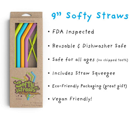 Softy Straws Premium Reusable Silicone Drinking Straws + Patented Straw Squeegee - 9” Long With Curved Bend for 20/30oz Tumblers - BPA Free (Non-Rubber), Flexible, Bendy, Safe for Kids / Toddlers