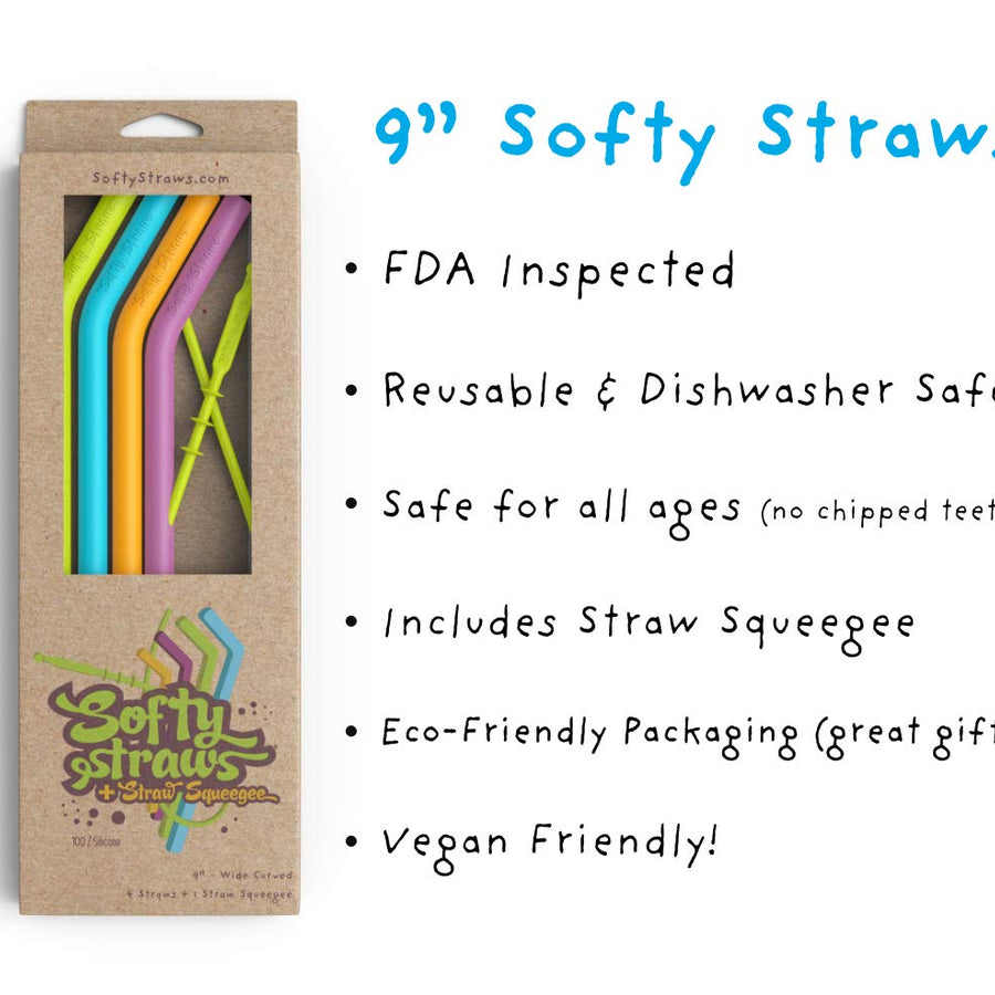 Softy Straws Premium Reusable Silicone Drinking Straws + Patented Straw Squeegee - 9” Long With Curved Bend for 20/30oz Tumblers - BPA Free (Non-Rubber), Flexible, Bendy, Safe for Kids / Toddlers