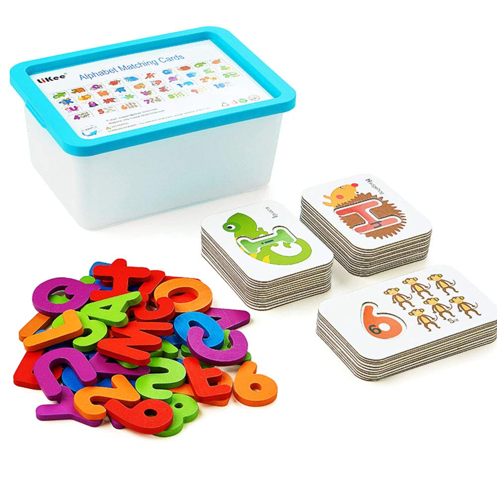 LiKee Alphabet Number Flash Cards Wooden Letter Puzzle ABC Sight Words Match Games Animal Counting Board Preschool Educational Montessori Toys for Toddlers Boys Girls 3+ Years (36 Cards& 37 Blocks)