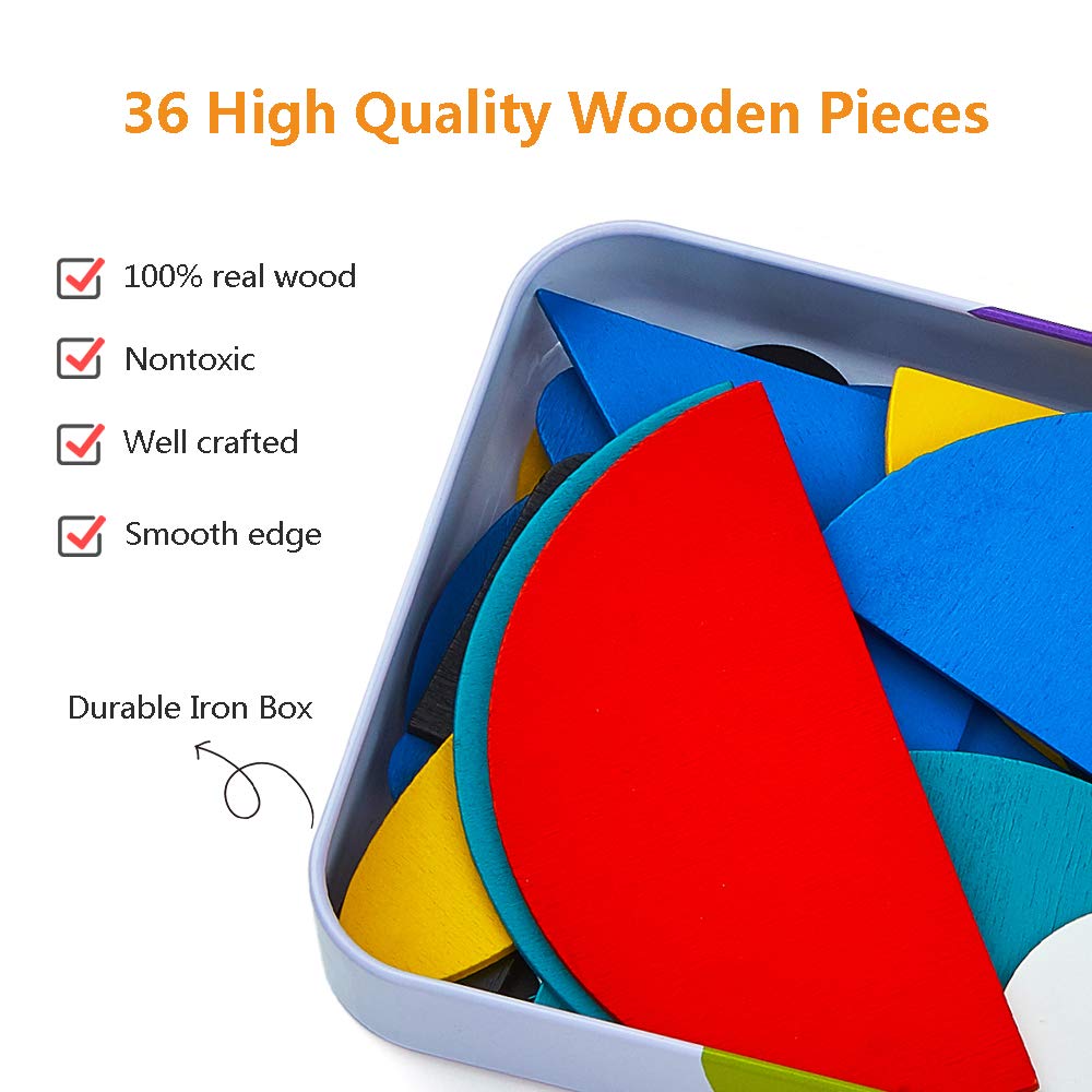 LIKEE Wooden Pattern Blocks Animals Jigsaw Puzzle Sorting and Stacking Games Montessori Educational Toys for Toddlers Kids Boys Girls Age 3+ Years Old (36 Shape Pieces& 60 Design Cards in Iron Box)