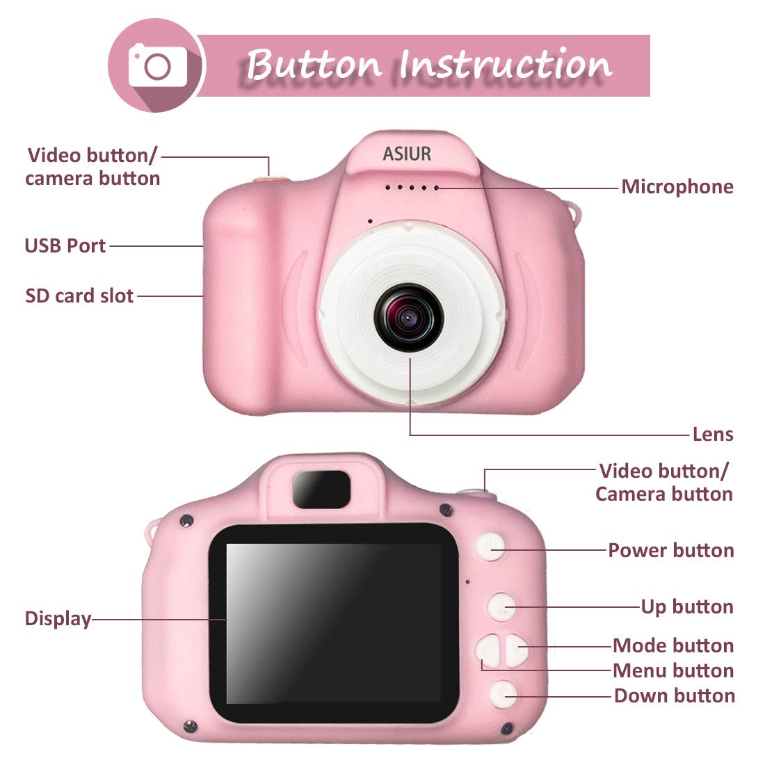 ASIUR Digital Camera for Kids, 1080P FHD Kid Digital Video Camera Children Camera with 32GB SD Card for 3-10 Years Girls