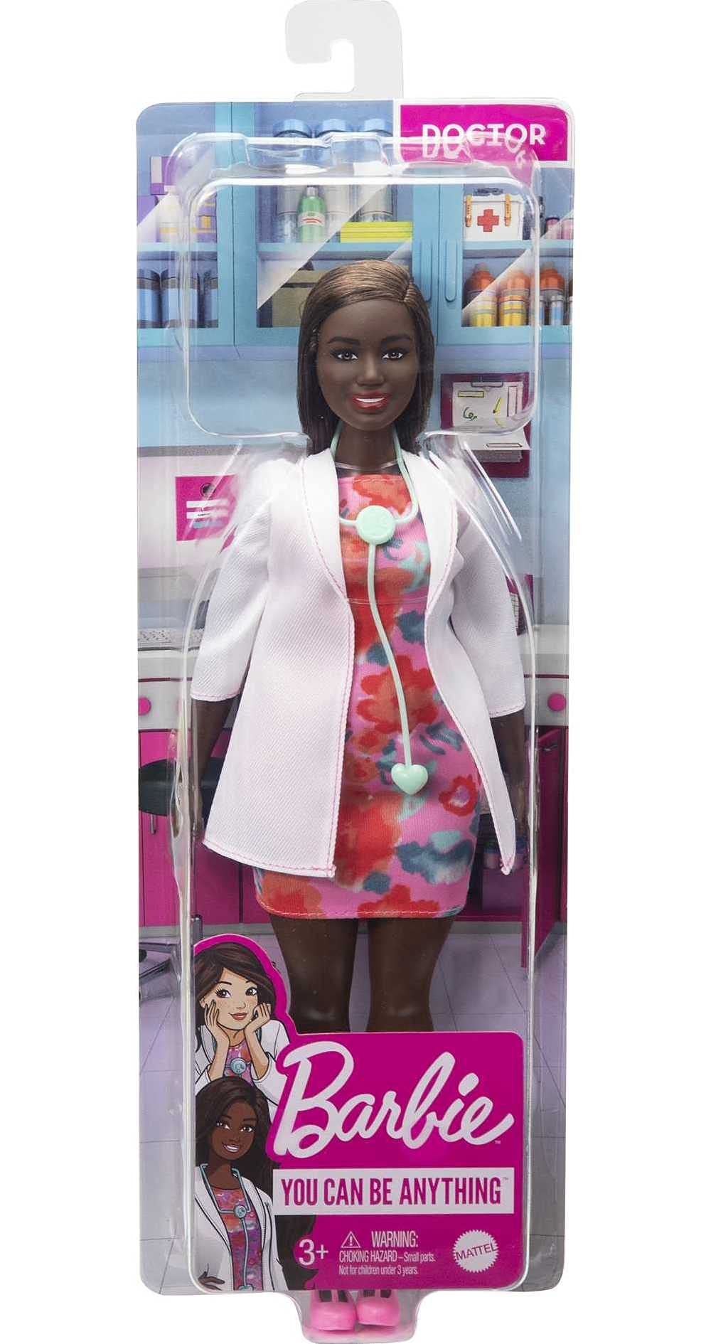 Barbie Doctor Doll (12-in/30.40-cm), Brunette Hair, Curvy Shape, Doctor Coat, Print Dress, Stethoscope Accessory, Great Toy Gift for Ages 3 Years Old & Up , White