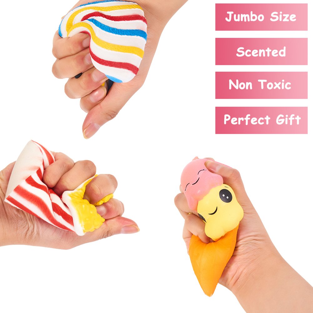 Slow Rising Jumbo SQUISHIES Set Pack of 7 - Rainbow Triangle Cake, Frappuccino, Popcorn, Donuts X2 & Ice Cream X2, Kawaii Squishy Toys or Stress Relief Toys Sticker Come with The Squishys