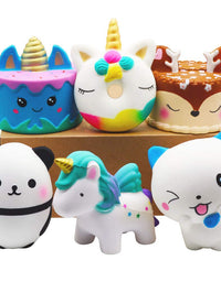 YOAUSHY 6 Pcs Squishies Toy Jumbo Slow Rising Unicorn Horse,Cake,Unicorn Donut,Panda,Spoon Cat Set for Kids Party Favors Stress Relief Toys
