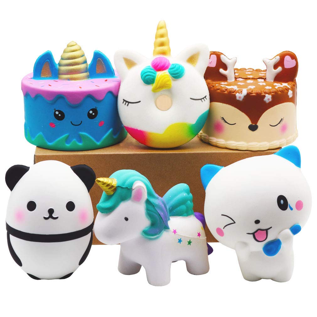 YOAUSHY 6 Pcs Squishies Toy Jumbo Slow Rising Unicorn Horse,Cake,Unicorn Donut,Panda,Spoon Cat Set for Kids Party Favors Stress Relief Toys