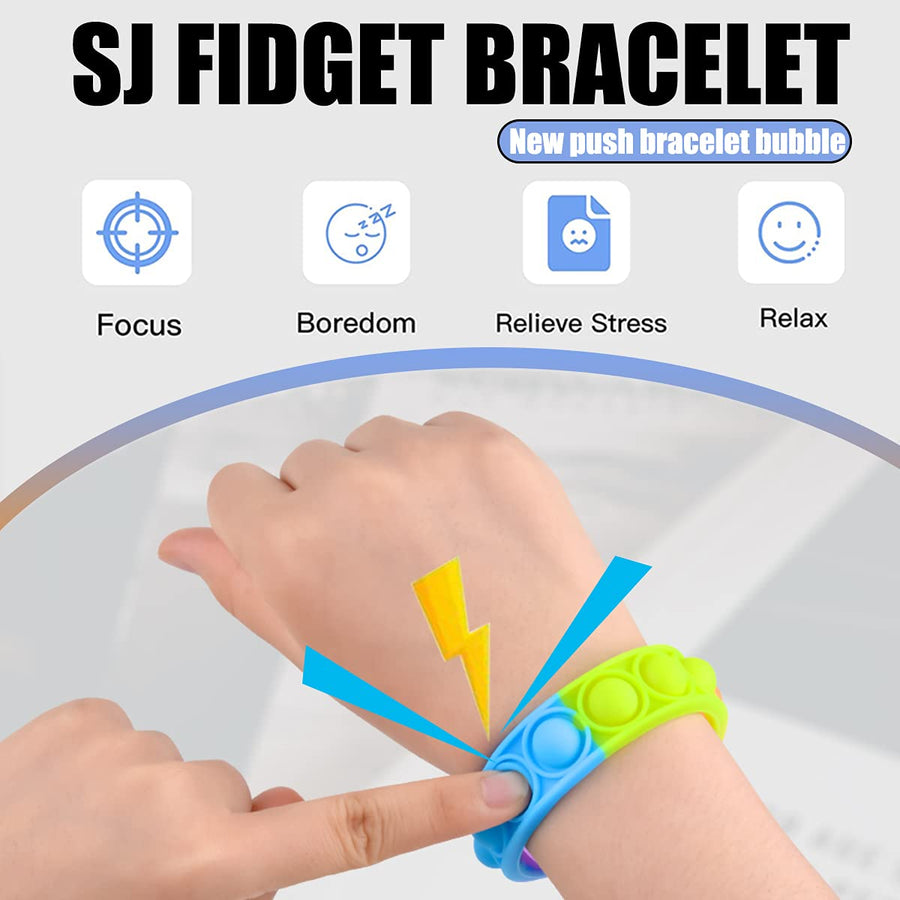 Push Pop Bubble Wristband Fidget Toys, Set of 6 Wearable Autism Special Needs Stress Reliever ,Hand Finger Press Silicone Bracelet Toy for Kids and Adults (Multicolor-6)