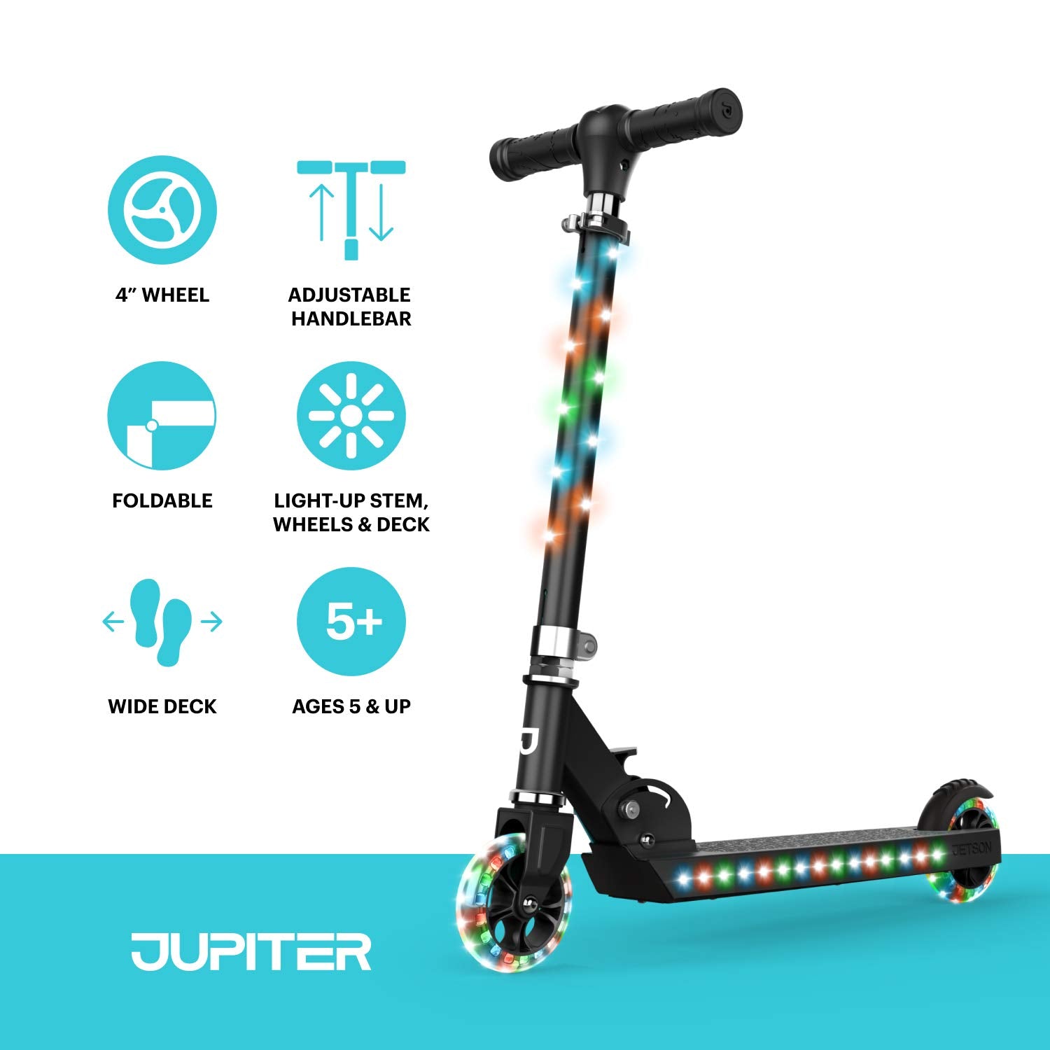Jetson Jupiter Kick Scooter for Kids, LED Light-up Scooter, Adjustable Handlebar, Rear Brake, Lightweight Design