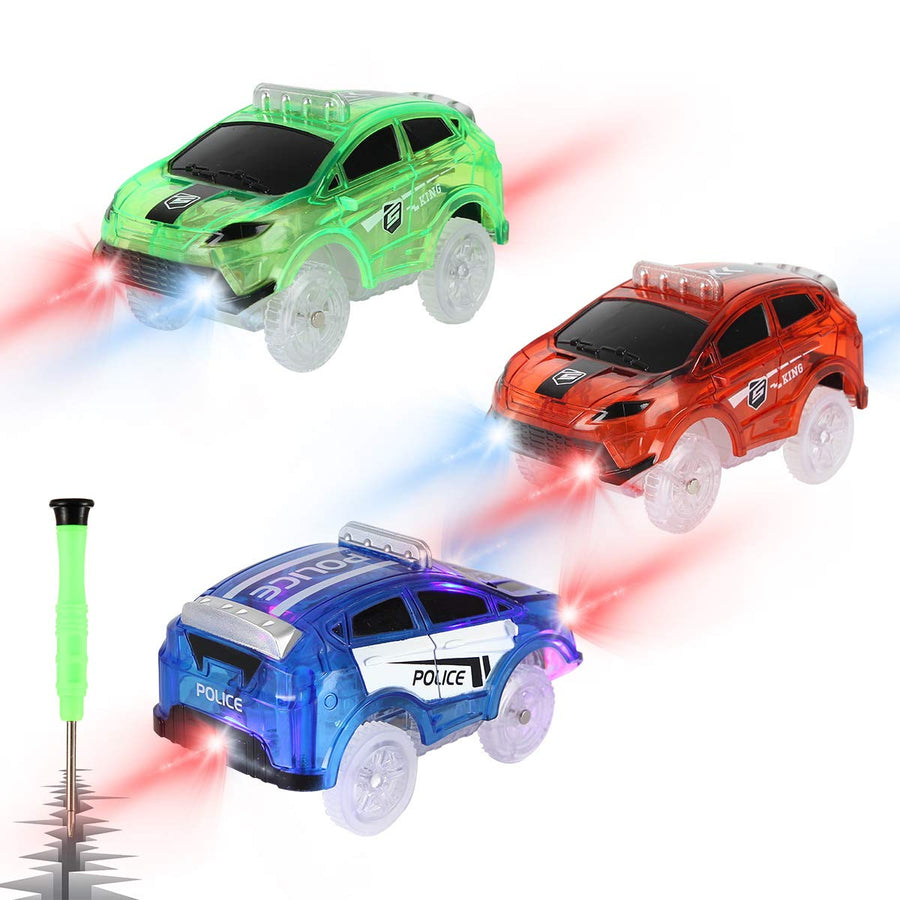 Tracks Cars Replacement only, Toy Cars for Most Tracks Glow in The Dark, Racing Car Track Accessories with 5 Flashing LED Lights, Compatible with Most Tracks for Kids Boys and Girls(3pack)