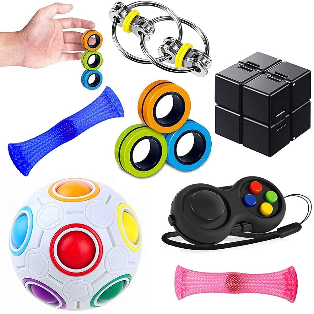 Sensory Fidget Toys Set 7 Pack. Stress Relief and Anti-Anxiety Tools Bundle with Fidget Pad, Flippy Chain, Infinity Cube, Magnetic Rings and More, Fidgeting Game for Kids and Adults Kill Time