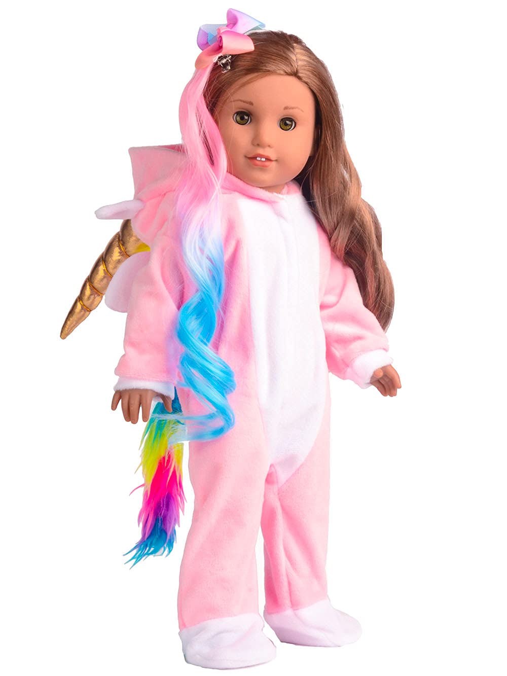 Sweet Dolly Doll Clothes Unicorn Costume Onesie Pajamas Rainbow Color Hair Bow Clips Fits 18 Inch American Girl Doll