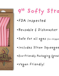 Softy Straws Premium Reusable Silicone Drinking Straws + Patented Straw Squeegee - 9” Long With Curved Bend for 20/30oz Tumblers - BPA Free (Non-Rubber), Flexible, Bendy, Safe for Kids / Toddlers
