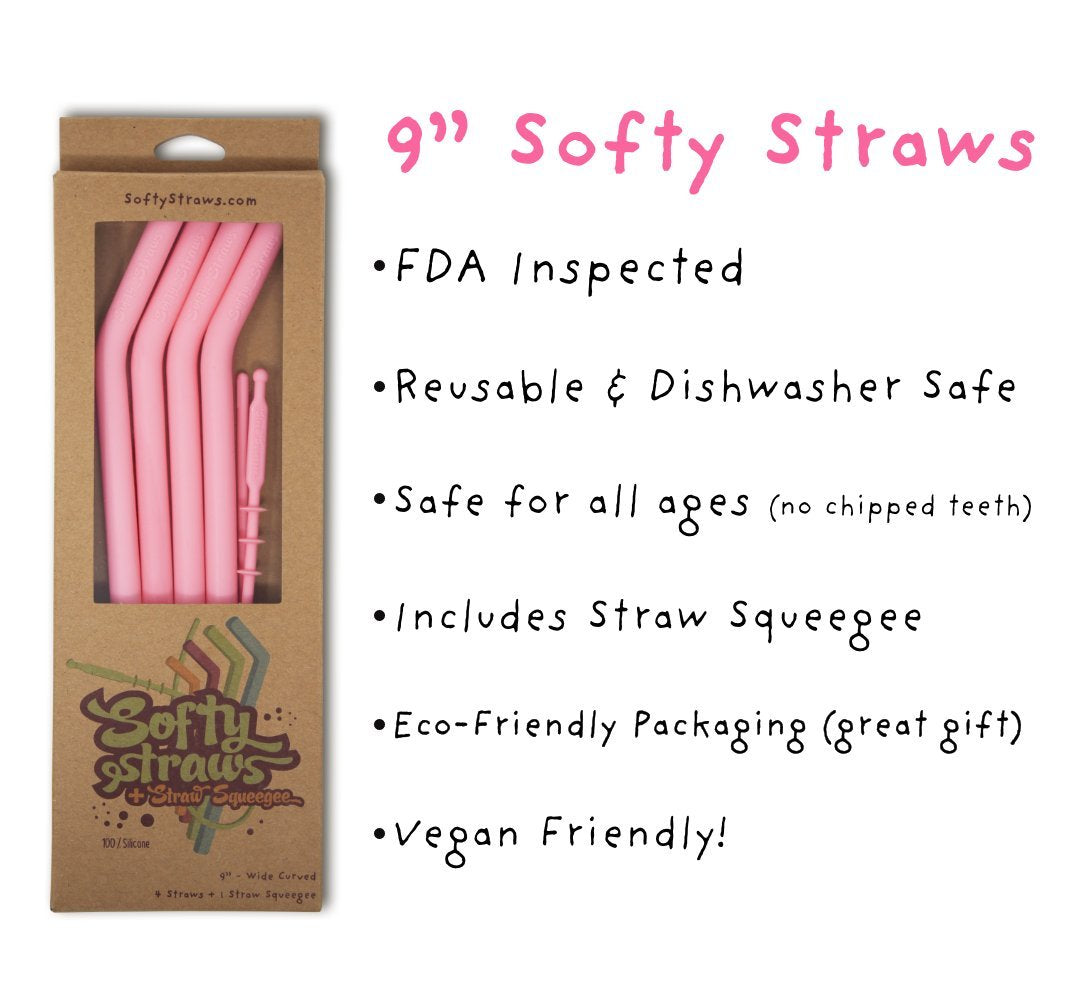 Softy Straws Premium Reusable Silicone Drinking Straws + Patented Straw Squeegee - 9” Long With Curved Bend for 20/30oz Tumblers - BPA Free (Non-Rubber), Flexible, Bendy, Safe for Kids / Toddlers