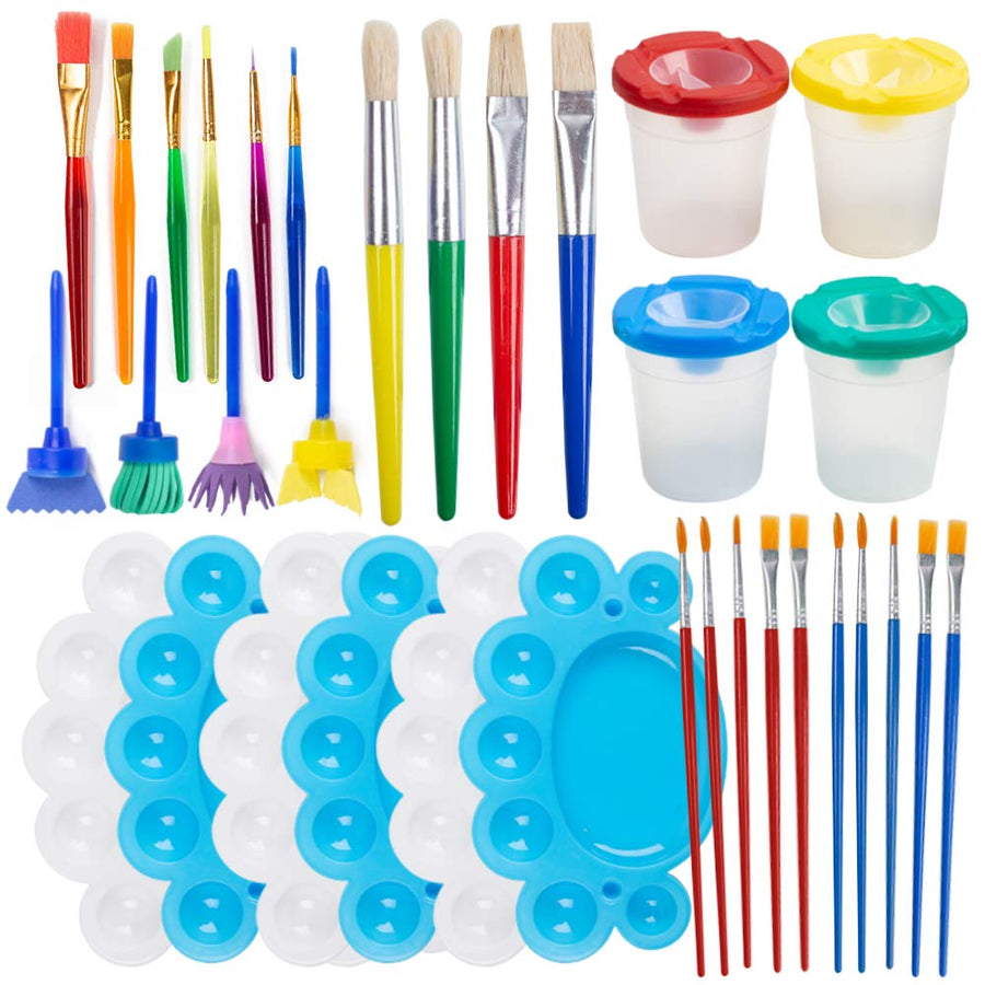 BigOtters Painting Tool Kit, 34Pcs Paint Supplies Include Paint Cups with Lids Palette Tray Multi Sizes Paint Pen Brushes Set for Kids Gifts School Prizes Art Party