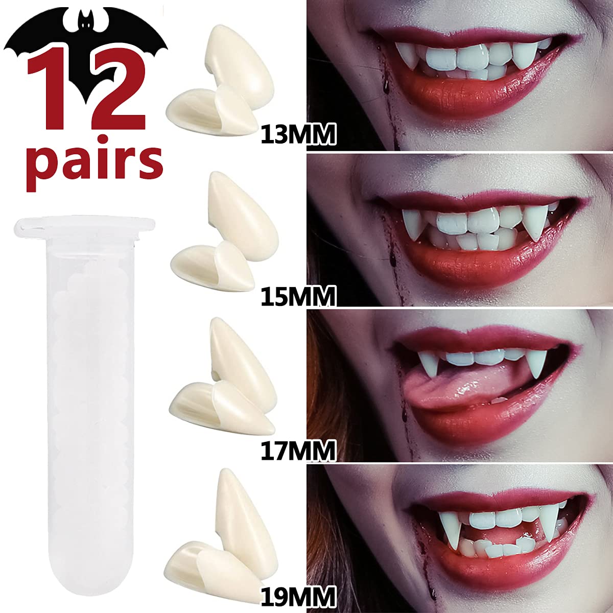 Nobie vivid 12 Pairs Vampire Teeth with Adhesive, Halloween Decorations Vampire Fangs, Halloween Party Cosplay Props,4 Size(13mm,15mm,17mm,19mm)