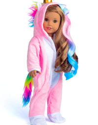 Sweet Dolly Doll Clothes Unicorn Costume Onesie Pajamas Rainbow Color Hair Bow Clips Fits 18 Inch American Girl Doll
