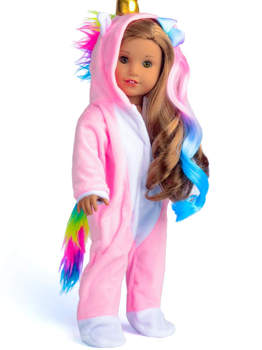 Sweet Dolly Doll Clothes Unicorn Costume Onesie Pajamas Rainbow Color Hair Bow Clips Fits 18 Inch American Girl Doll